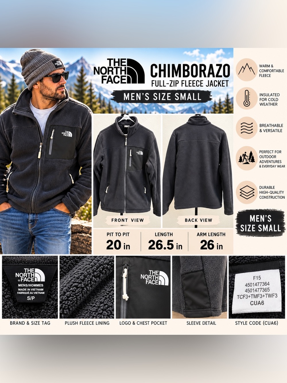 The North Face Chimborazo Men’s Small Full Zip High Pile Fleece Jacket Gray CUA6